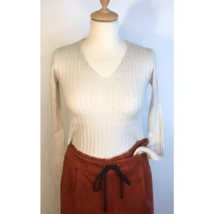 Maglione 55% viscosa a costina con scollo a V, AVORIO!