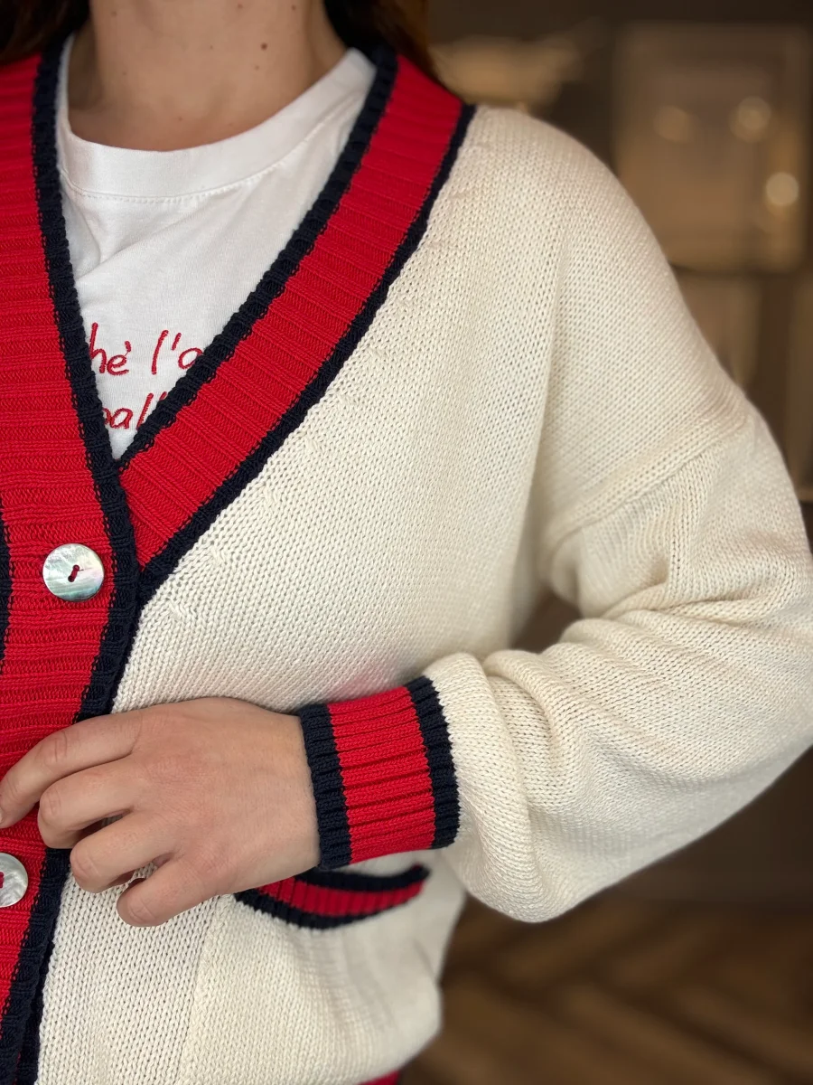 Cardigan panna profili rossi - immagine 6