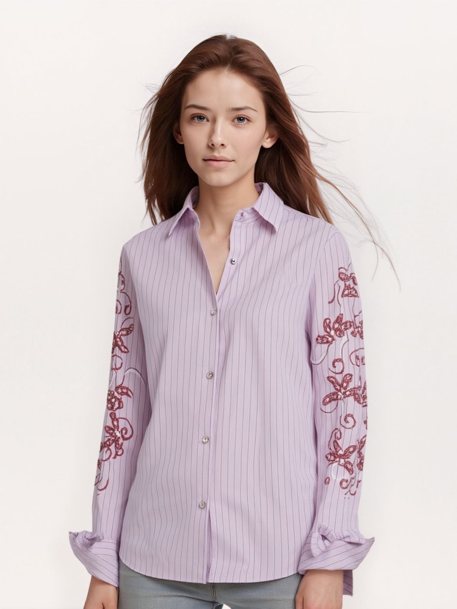 Camicia a righe con maniche ricamate - immagine 2