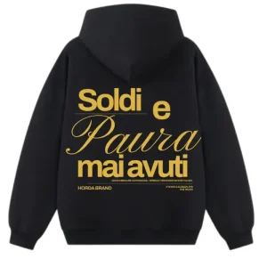 Felpa Nera con Cappuccio Soldi e Paura | Boxy Fit Made in Italy