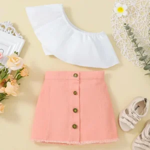 Coordinato Estivo per Bambina con Top Asimmetrico e Gonna a Bottoni