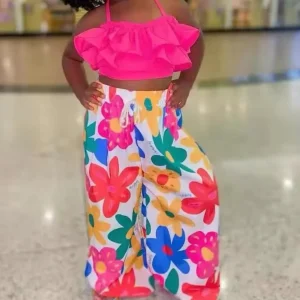 Completo Bambina Top Rosa e Pantaloni Floreali