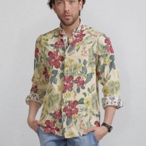 Camicia Uomo in Lino Fantasia Floreale con Collo alla Coreana