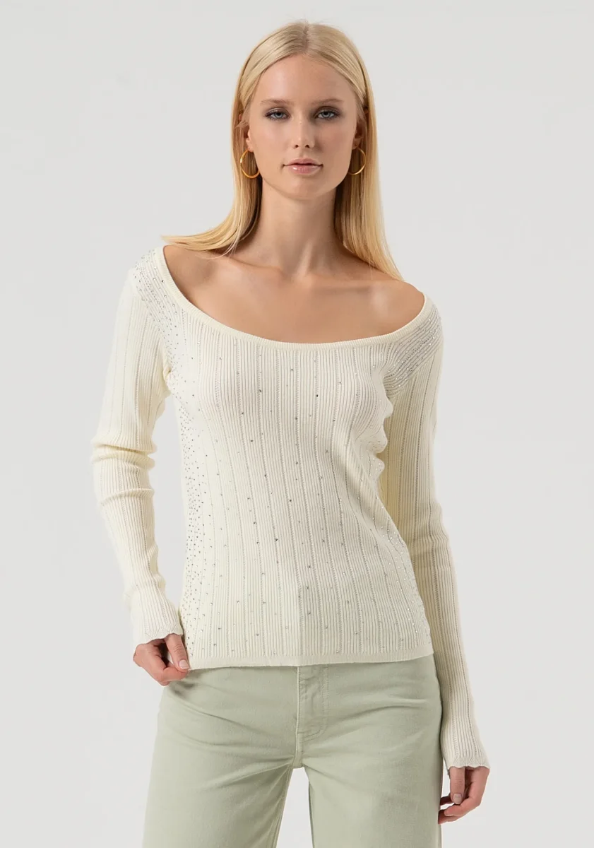 Maglia slim a costine con strass - immagine 2